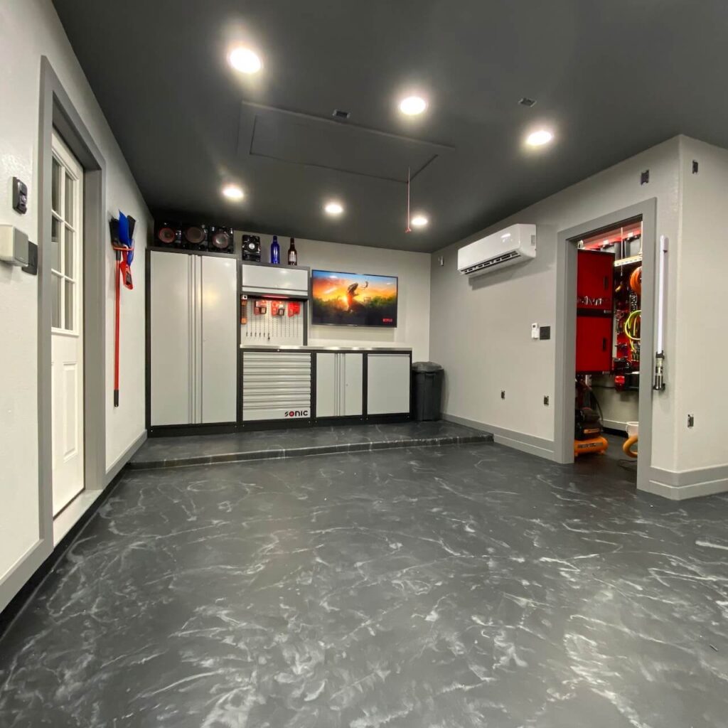 Durable high-gloss garage floor resin coating with custom color flakes
