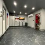 Durable high-gloss garage floor resin coating with custom color flakes
