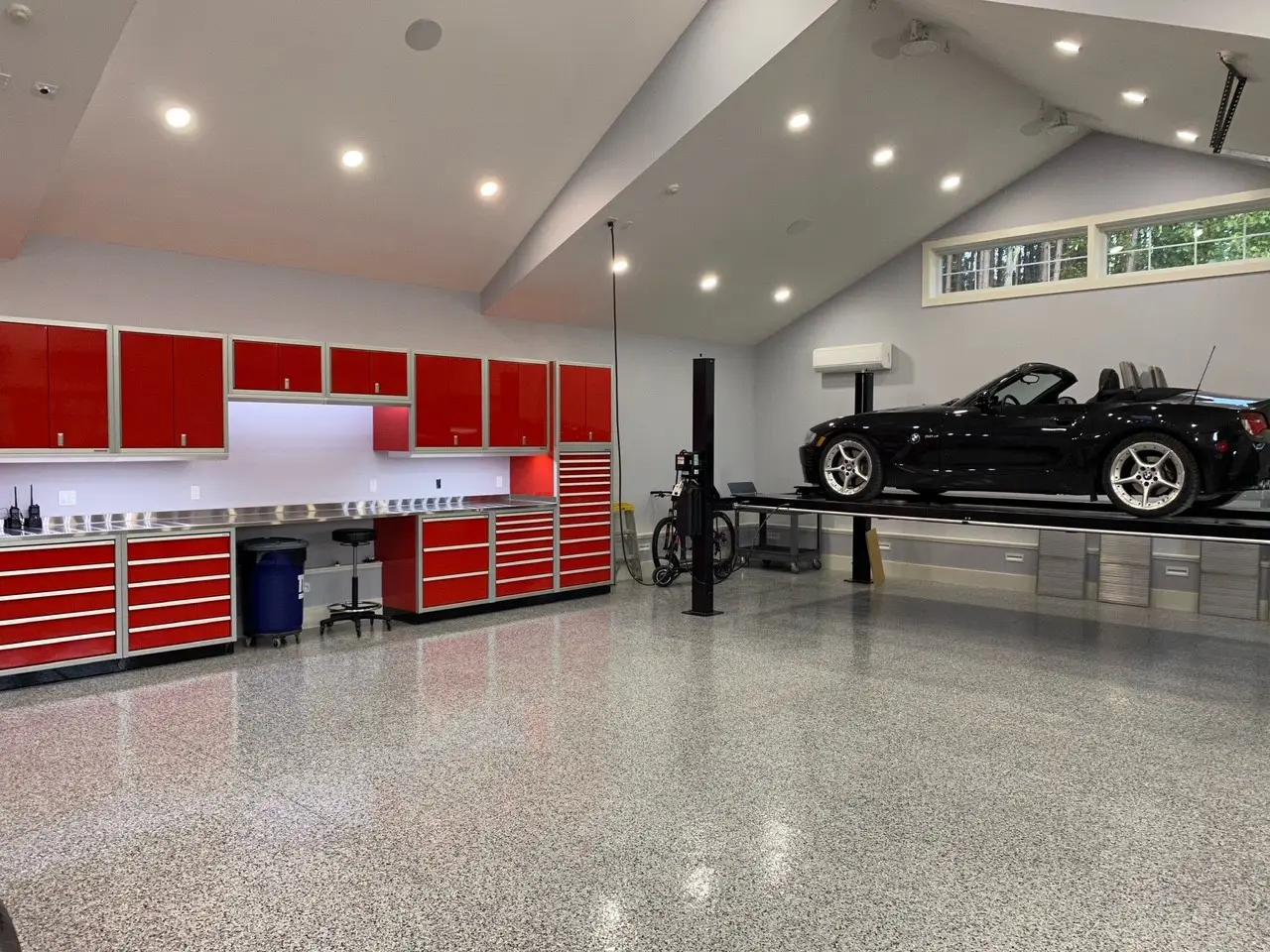 Durable and rust-resistant aluminum garage storage cabinets setup.